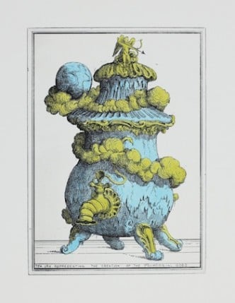 Pablo Bronstein, Tea Urn Representing the Creation of the Primordial Gods (Silver with Gilding), 2013.