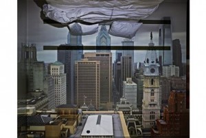 Abelardo Morell, Camera Obscura: View of Philadelphia from Loews Hotel Room #3013 with Upside Down Bed, 2014
