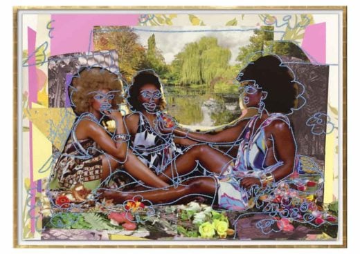 Mickalene Thomas - Le Déjeuner sur l'herbe: les trois femmes noires avec jardin d'eau - 2024